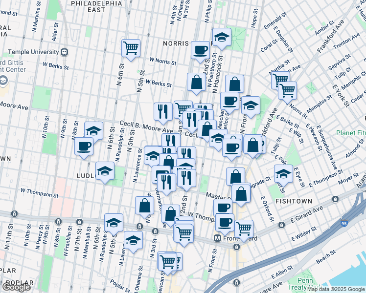 map of restaurants, bars, coffee shops, grocery stores, and more near 1619 North American Street in Philadelphia