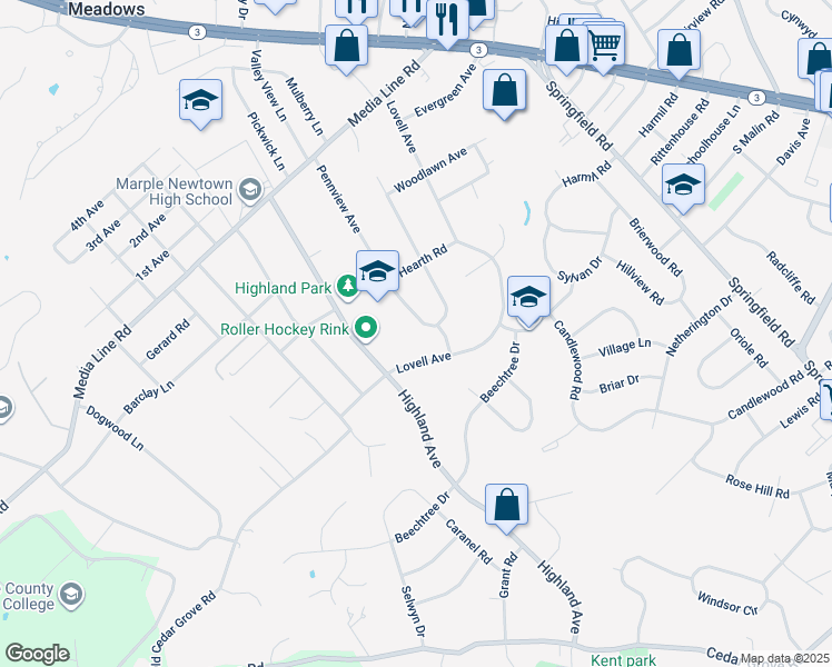 map of restaurants, bars, coffee shops, grocery stores, and more near 2886 Pennview Avenue in Broomall