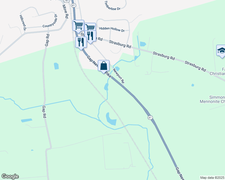 map of restaurants, bars, coffee shops, grocery stores, and more near 106 Pennsylvania 41 in Gap