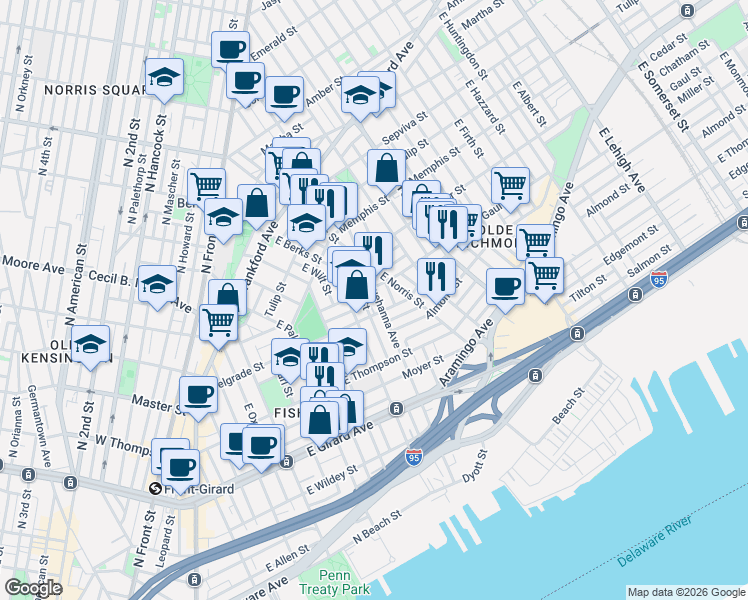 map of restaurants, bars, coffee shops, grocery stores, and more near 1411 East Berks Street in Philadelphia