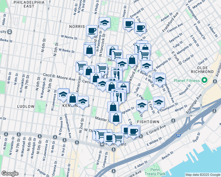 map of restaurants, bars, coffee shops, grocery stores, and more near 1710 North Hope Street in Philadelphia