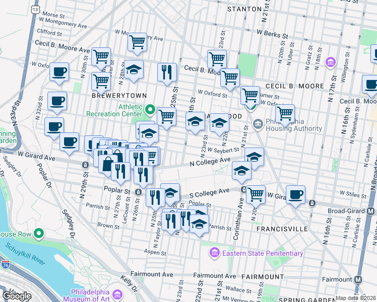 map of restaurants, bars, coffee shops, grocery stores, and more near 2341 West Thompson Street in Philadelphia
