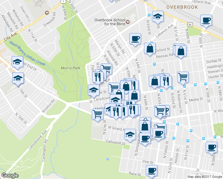 map of restaurants, bars, coffee shops, grocery stores, and more near 6601 Leeds Street in Philadelphia