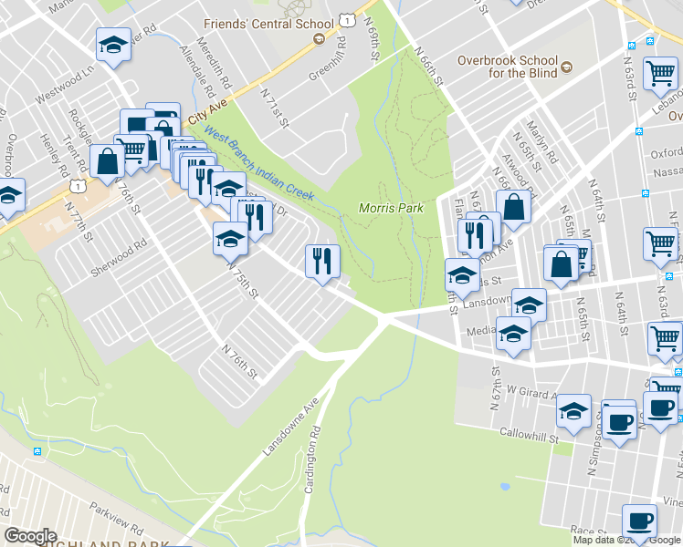 map of restaurants, bars, coffee shops, grocery stores, and more near 1086 Pennwood Road in Philadelphia