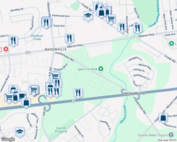 map of restaurants, bars, coffee shops, grocery stores, and more near 3044 Fostertown Road in Mount Laurel Township