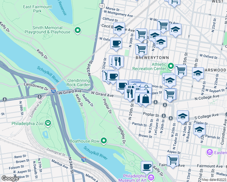 map of restaurants, bars, coffee shops, grocery stores, and more near 3042 West Stiles Street in Philadelphia