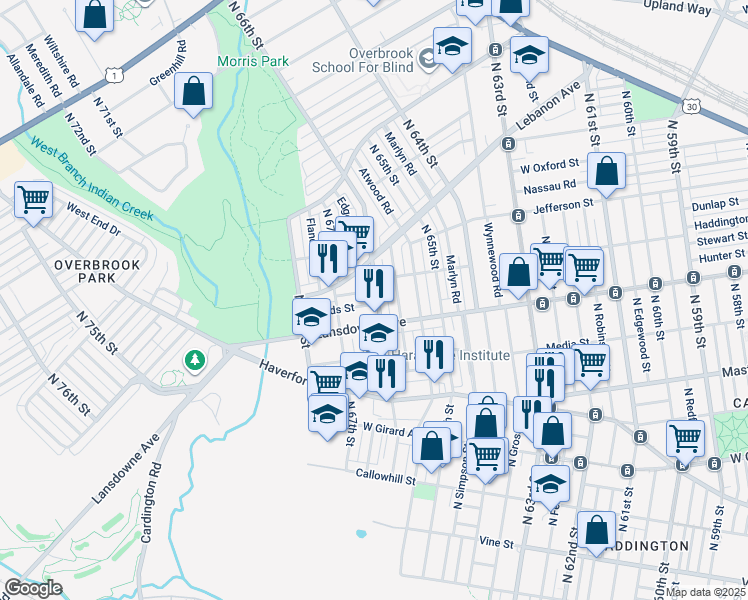 map of restaurants, bars, coffee shops, grocery stores, and more near 6601 Leeds Street in Philadelphia