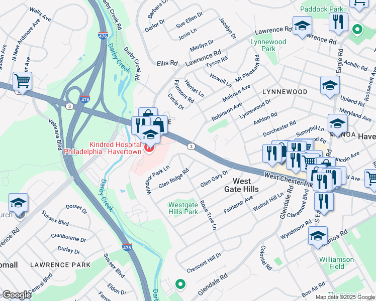 map of restaurants, bars, coffee shops, grocery stores, and more near 1852 Windsor Park Lane in Havertown