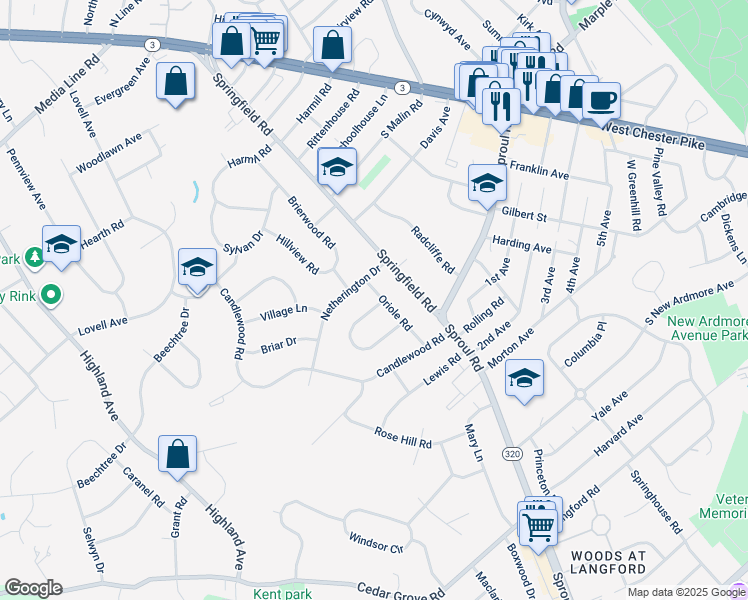 map of restaurants, bars, coffee shops, grocery stores, and more near 2618 Oriole Road in Broomall