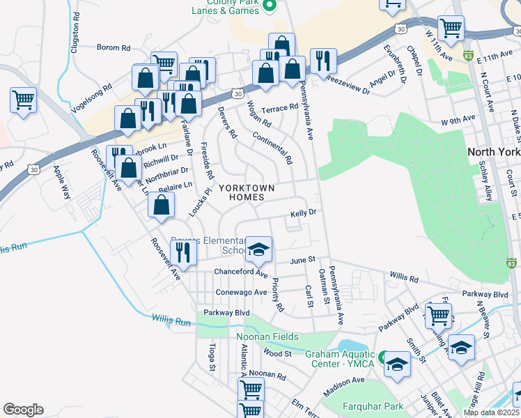 map of restaurants, bars, coffee shops, grocery stores, and more near 759 Kelly Drive in York