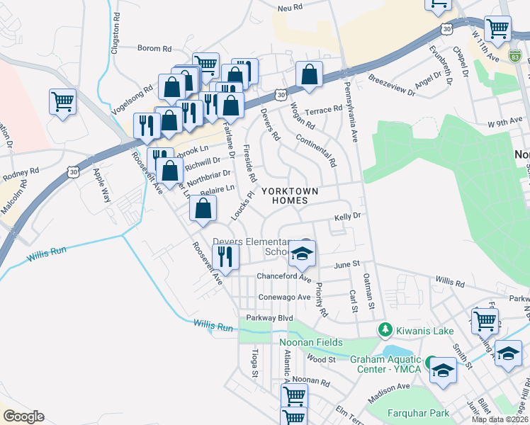 map of restaurants, bars, coffee shops, grocery stores, and more near 832 Gunnison Road in York