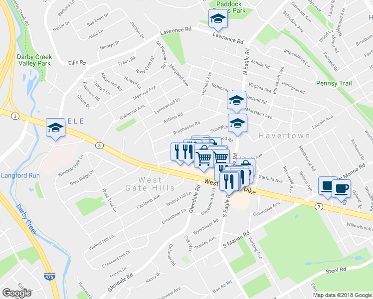 map of restaurants, bars, coffee shops, grocery stores, and more near 1500 Brierwood Road in Havertown