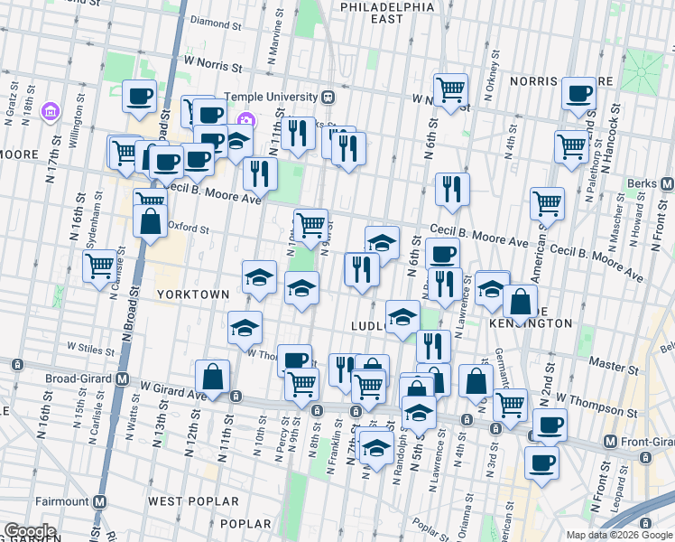 map of restaurants, bars, coffee shops, grocery stores, and more near 1530 North Perth Street in Philadelphia