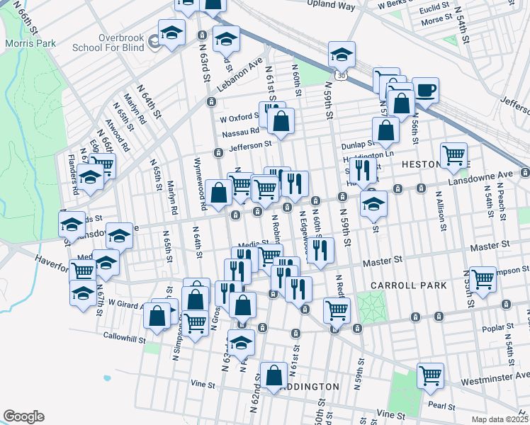 map of restaurants, bars, coffee shops, grocery stores, and more near 1540 North Robinson Street in Philadelphia