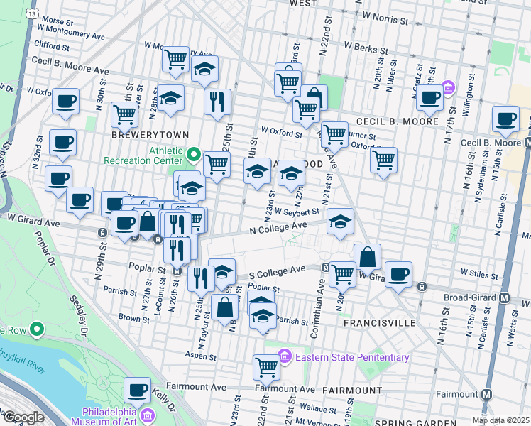 map of restaurants, bars, coffee shops, grocery stores, and more near 1312 North 23rd Street in Philadelphia