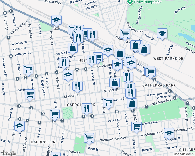 map of restaurants, bars, coffee shops, grocery stores, and more near 5507 Media Street in Philadelphia
