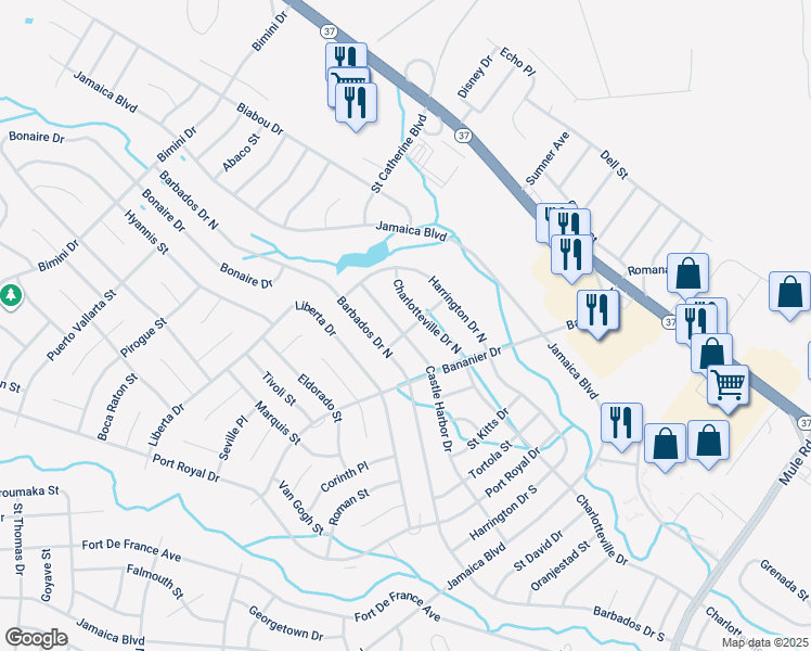 map of restaurants, bars, coffee shops, grocery stores, and more near 62 Castle Harbor Drive in Toms River