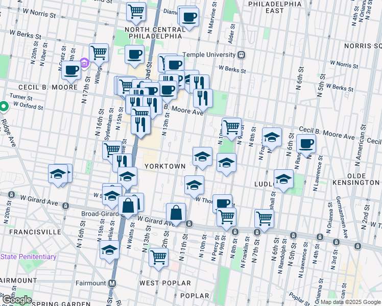 map of restaurants, bars, coffee shops, grocery stores, and more near 1113 West Jefferson Street in Philadelphia