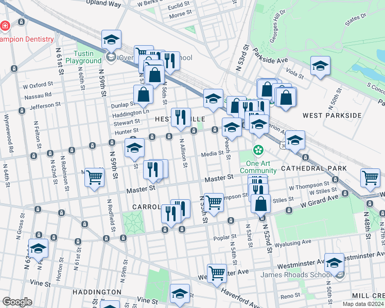 map of restaurants, bars, coffee shops, grocery stores, and more near 5527 Media Street in Philadelphia