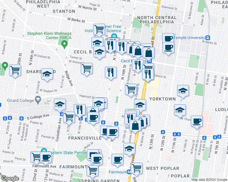 map of restaurants, bars, coffee shops, grocery stores, and more near 1406 Willington Street in Philadelphia