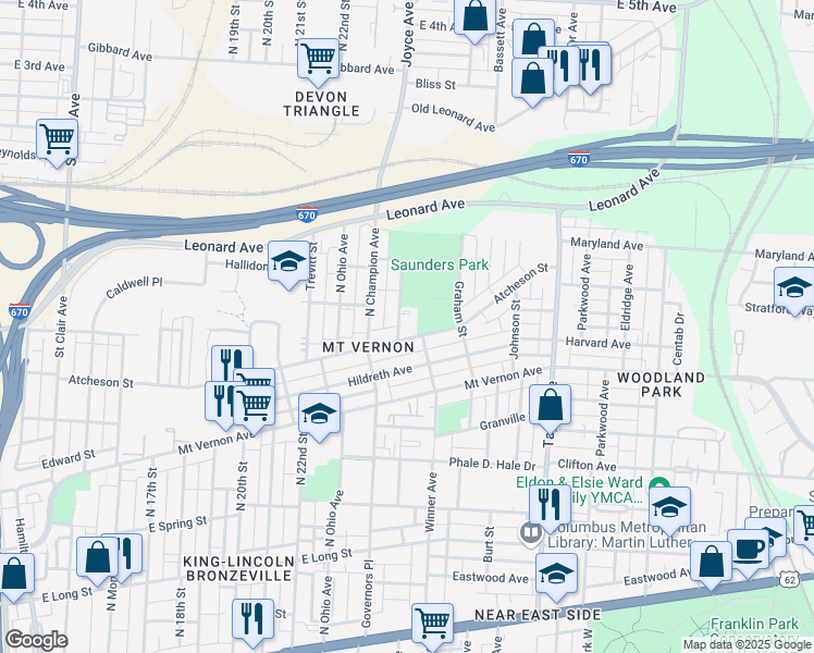 map of restaurants, bars, coffee shops, grocery stores, and more near 1345 Atcheson Street in Columbus
