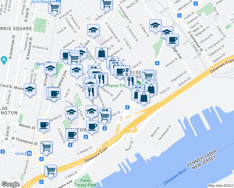 map of restaurants, bars, coffee shops, grocery stores, and more near 2556 East Norris Street in Philadelphia