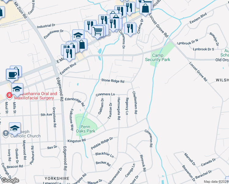 map of restaurants, bars, coffee shops, grocery stores, and more near 3515 Cranmere Lane in York