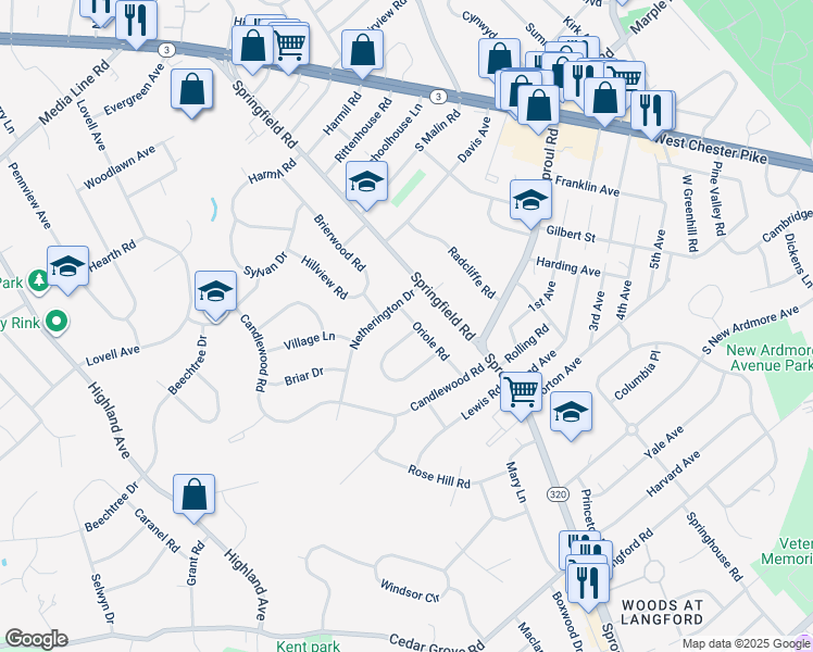 map of restaurants, bars, coffee shops, grocery stores, and more near 2618 Oriole Road in Broomall