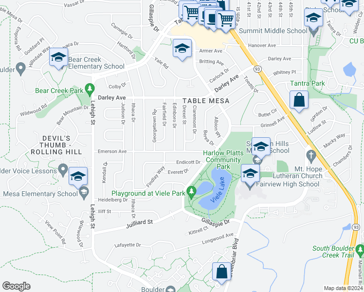 map of restaurants, bars, coffee shops, grocery stores, and more near 1385 Drexel Street in Boulder