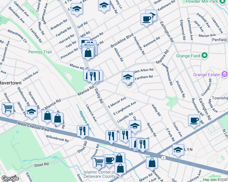 map of restaurants, bars, coffee shops, grocery stores, and more near 617 Valley Road in Havertown