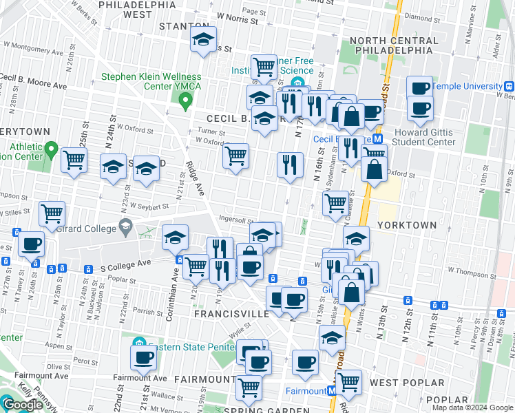 map of restaurants, bars, coffee shops, grocery stores, and more near 1803 Master Street in Philadelphia