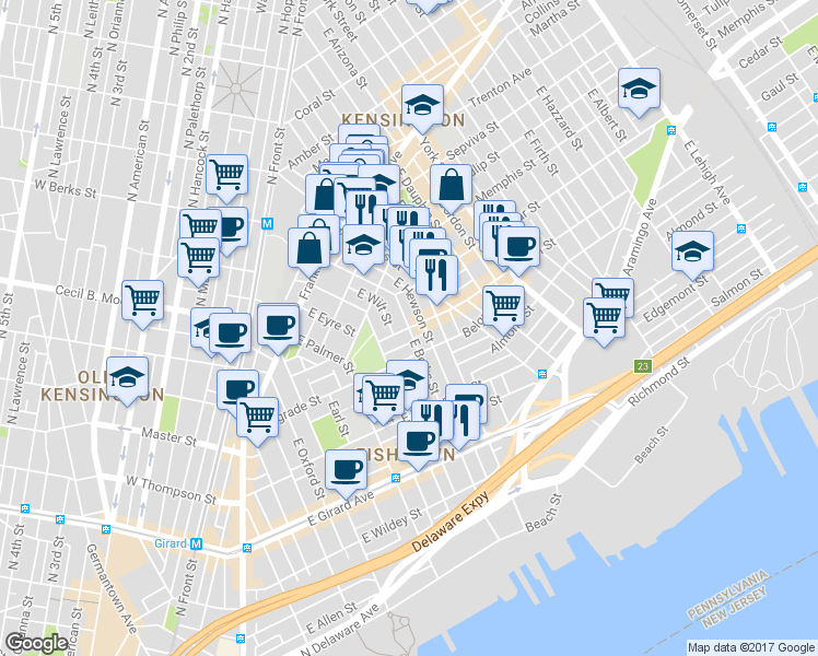 map of restaurants, bars, coffee shops, grocery stores, and more near 701 Gaul Street in Philadelphia