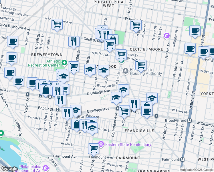 map of restaurants, bars, coffee shops, grocery stores, and more near 2211 West Thompson Street in Philadelphia