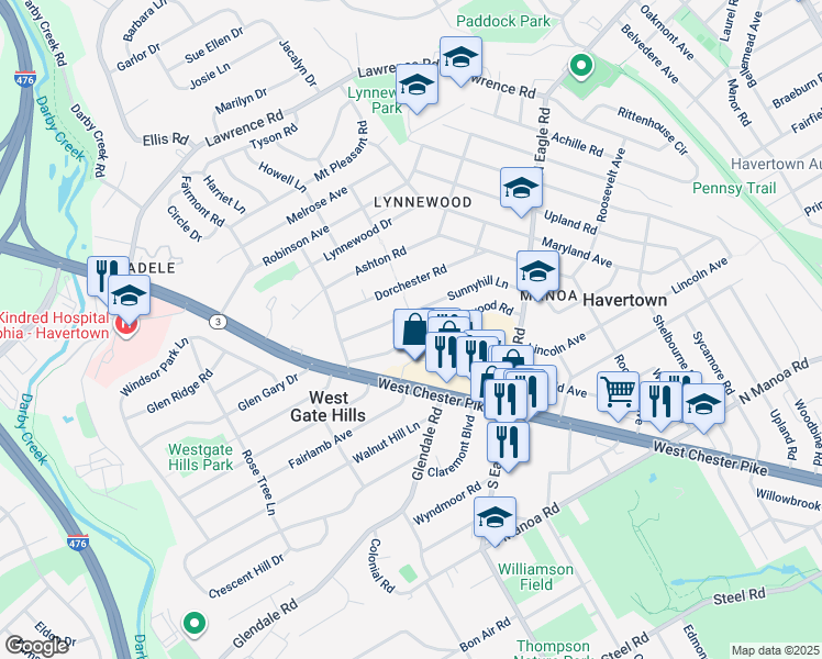 map of restaurants, bars, coffee shops, grocery stores, and more near 1500 Brierwood Road in Havertown