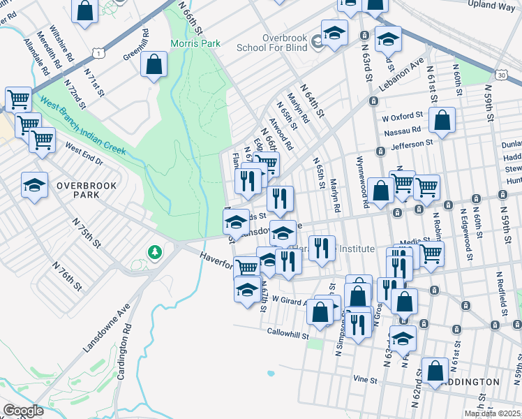map of restaurants, bars, coffee shops, grocery stores, and more near 6642 Haddington Lane in Philadelphia