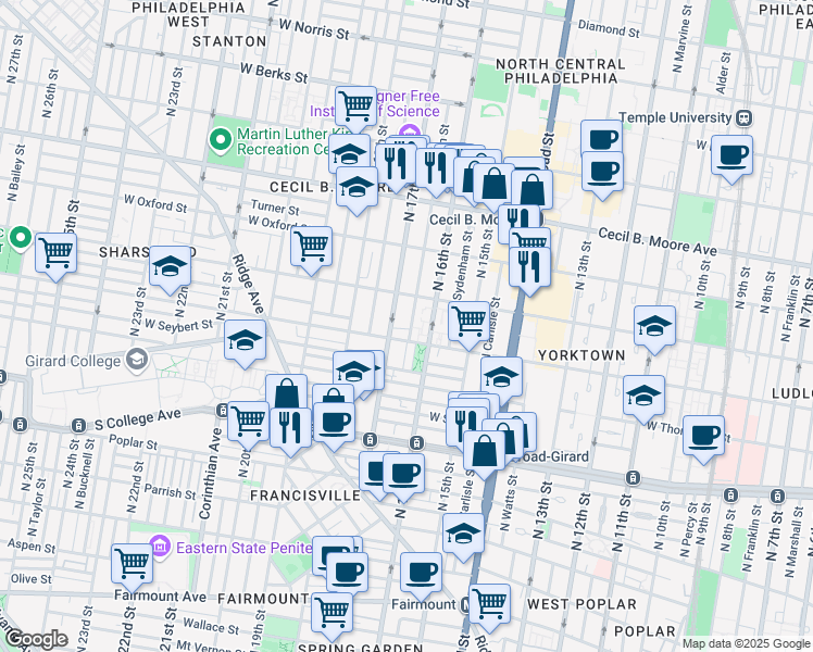 map of restaurants, bars, coffee shops, grocery stores, and more near 1410 Willington Street in Philadelphia