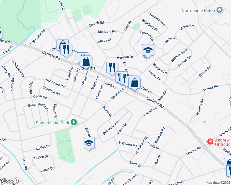 map of restaurants, bars, coffee shops, grocery stores, and more near 2243 Sunset Lane in York