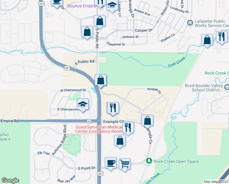 map of restaurants, bars, coffee shops, grocery stores, and more near 2417 South Public Road in Lafayette