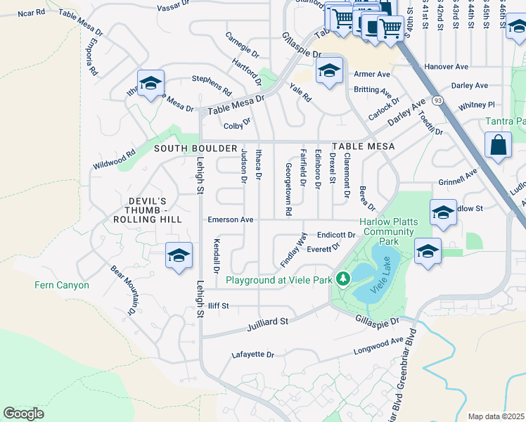 map of restaurants, bars, coffee shops, grocery stores, and more near 1410 Ithaca Drive in Boulder