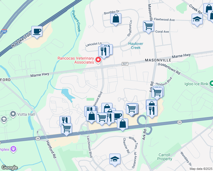 map of restaurants, bars, coffee shops, grocery stores, and more near 104B Saxony Drive in Mount Laurel Township