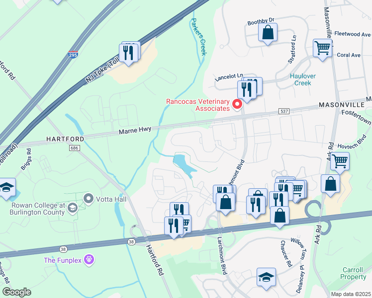 map of restaurants, bars, coffee shops, grocery stores, and more near 6508B Normandy Drive in Mount Laurel Township