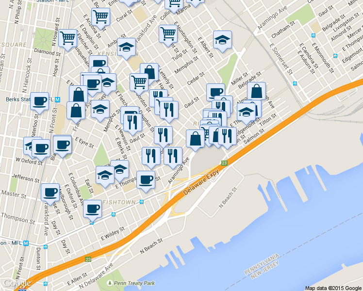 map of restaurants, bars, coffee shops, grocery stores, and more near 2216 East Thompson Street in Philadelphia
