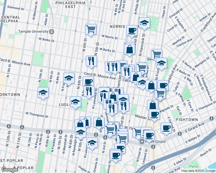 map of restaurants, bars, coffee shops, grocery stores, and more near 266 West Oxford Street in Philadelphia