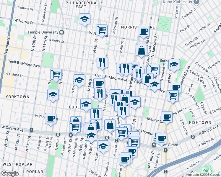 map of restaurants, bars, coffee shops, grocery stores, and more near 1554 North Lawrence Street in Philadelphia