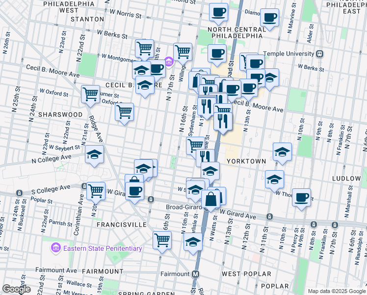 map of restaurants, bars, coffee shops, grocery stores, and more near 4 Master Street in Philadelphia