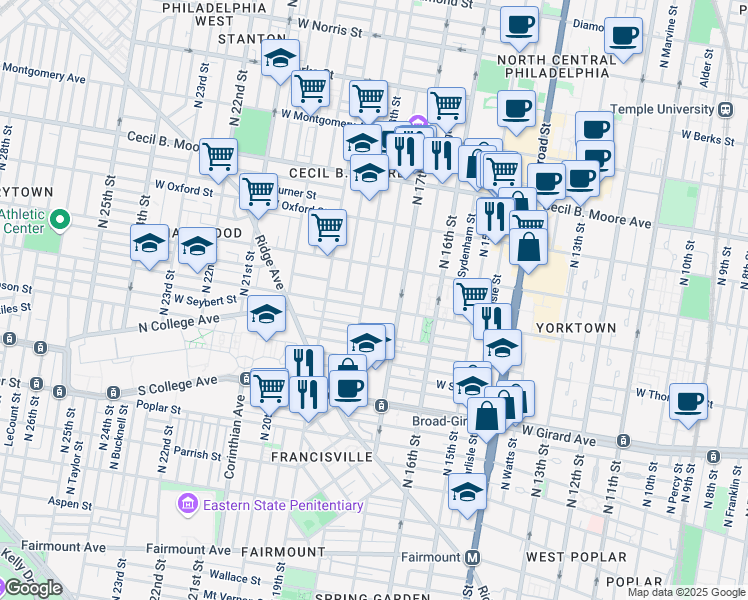 map of restaurants, bars, coffee shops, grocery stores, and more near 1730 Master Street in Philadelphia