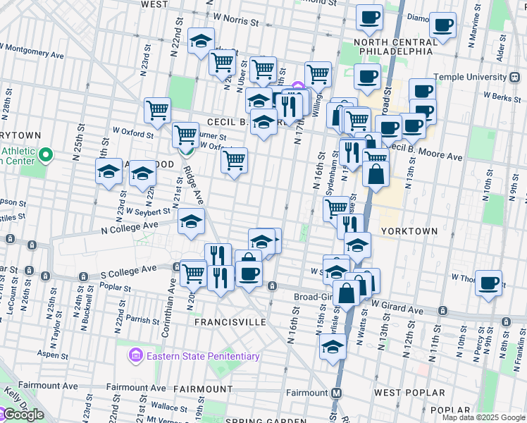 map of restaurants, bars, coffee shops, grocery stores, and more near 1730 Master Street in Philadelphia