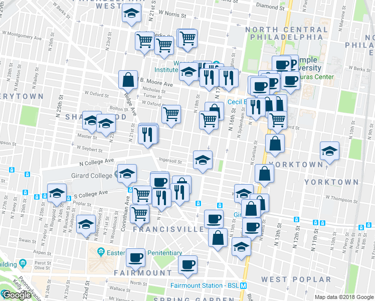 map of restaurants, bars, coffee shops, grocery stores, and more near 1730 Master Street in Philadelphia