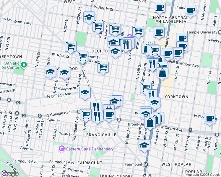 map of restaurants, bars, coffee shops, grocery stores, and more near 1730 Master Street in Philadelphia