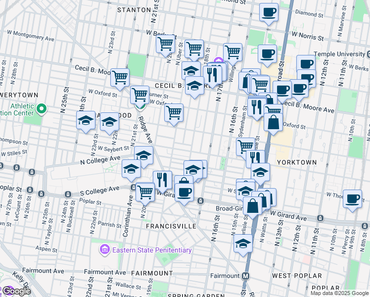 map of restaurants, bars, coffee shops, grocery stores, and more near 1730 Master Street in Philadelphia